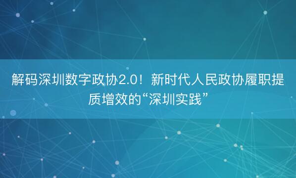 解码深圳数字政协2.0！新时代人民政协履职提质增效的“深圳实践”